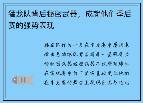 猛龙队背后秘密武器，成就他们季后赛的强势表现