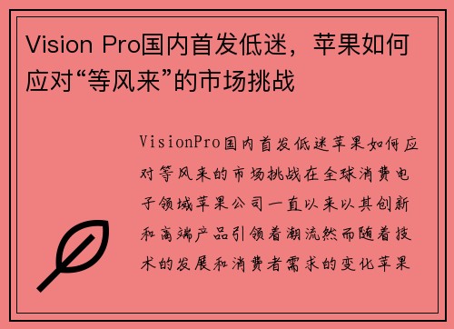 Vision Pro国内首发低迷，苹果如何应对“等风来”的市场挑战