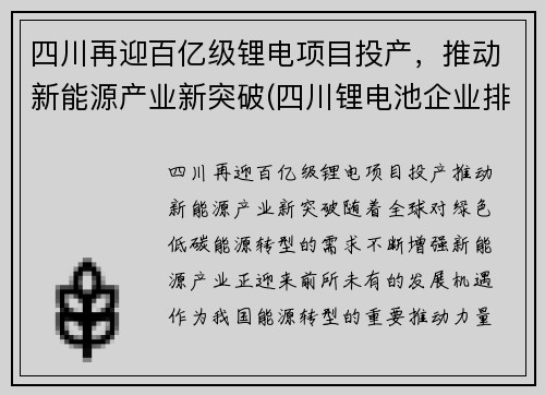 四川再迎百亿级锂电项目投产，推动新能源产业新突破(四川锂电池企业排名)
