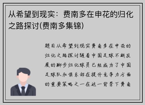 从希望到现实：费南多在申花的归化之路探讨(费南多集锦)