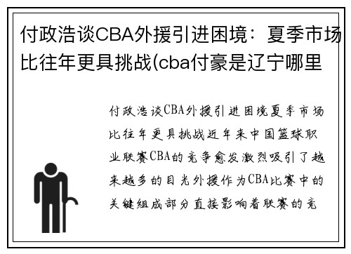 付政浩谈CBA外援引进困境：夏季市场比往年更具挑战(cba付豪是辽宁哪里人)