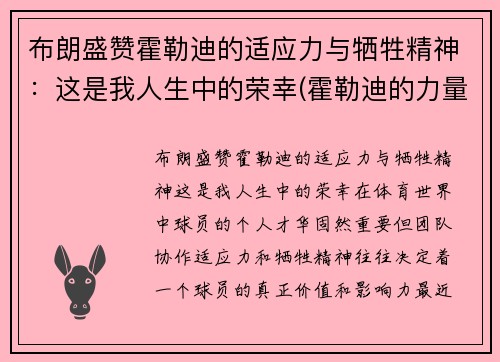 布朗盛赞霍勒迪的适应力与牺牲精神：这是我人生中的荣幸(霍勒迪的力量)