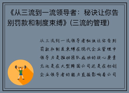 《从三流到一流领导者：秘诀让你告别罚款和制度束缚》(三流的管理)